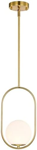 Modern pendant light with gold fixture and white glass shade