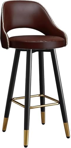 Brown bar stool with black legs and gold accents on a white background