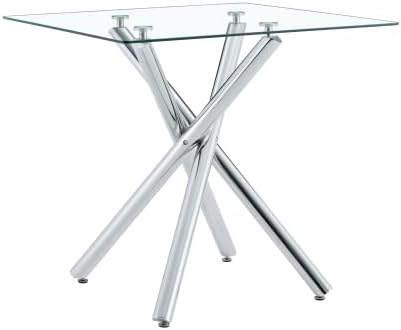 Donext Modern Tempered Glass Top Bar Table, Electroplated Metal Cross Leg Pub Table, Sturdy Kitchen Island Table for Home Bar Living Room,Silver