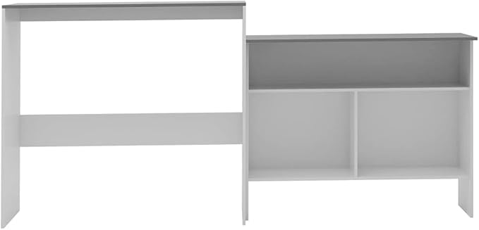 White L-shaped desk with a shelf on a white background