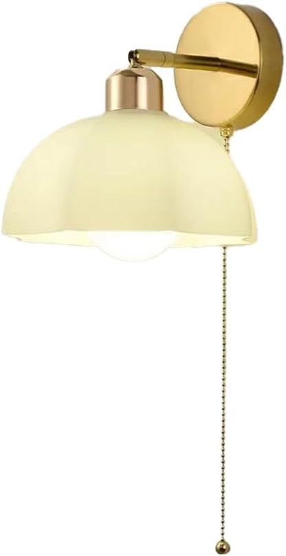 White Glass Wall Light Fixture Vintage Wall Sconces with Pull Chain Switch Brushed Gold Brass Sconce Wall Lighting Retro White Flower Glass Sconce for Bedroom Kitchen Hallway
