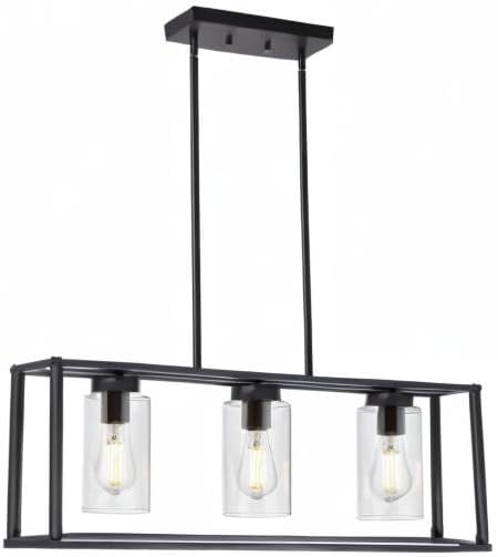 Modern black pendant light fixture with three clear glass shades on a white background