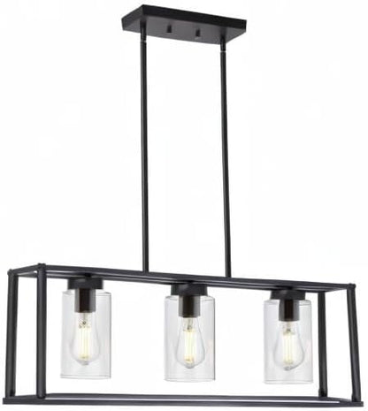 Modern black pendant light fixture with three clear glass shades on a white background