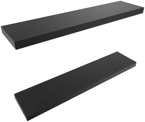 Two black rectangular shelves on a white background