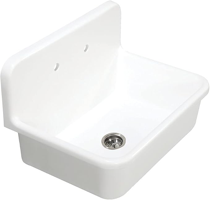 White corner kitchen sink with drainboard on a white background