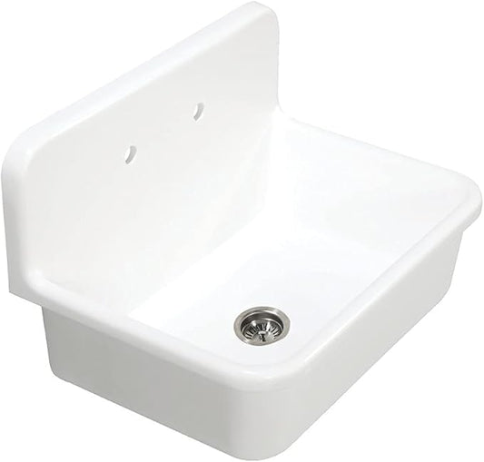 White corner kitchen sink with drainboard on a white background