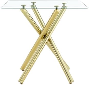 Glass table with gold metal legs on a white background