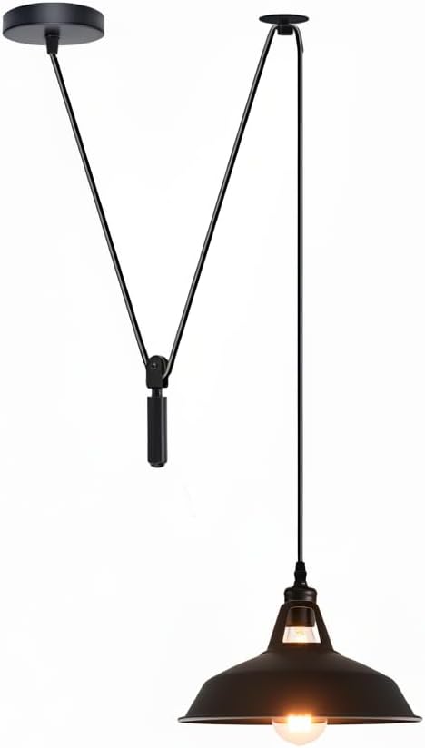Black Barn Adjustable Pulley Pendant Light – Retro Industrial E26 Hanging Ceiling Lamp Fixture for Kitchen Island, Dining Room, Living Room, Bar & Café Décor (2M, Black)
