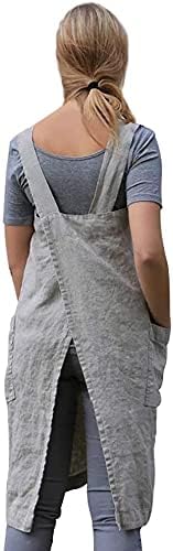 Apron for Womens Cotton Linen Apron Cross Back with Pockets Pinafore Dress for Cooking