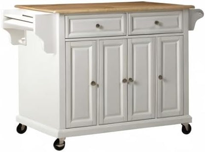 White kitchen island with wooden top on a white background