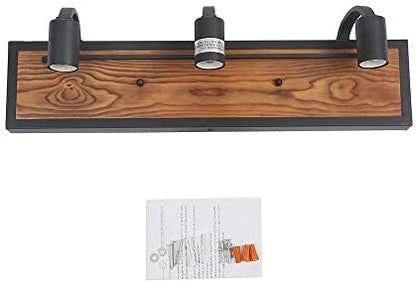 Wooden wall-mounted light fixture with black metal brackets and a paper insert.