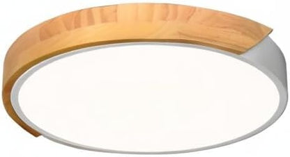 Round ceiling light fixture with wooden border on a white background