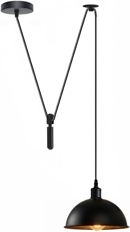 Black pendant light with adjustable arm on a white background