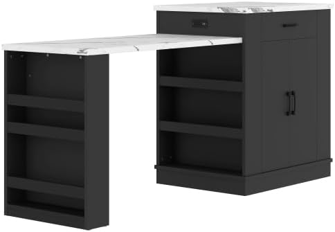 Black L-shaped desk with storage shelves and cabinets on a white background