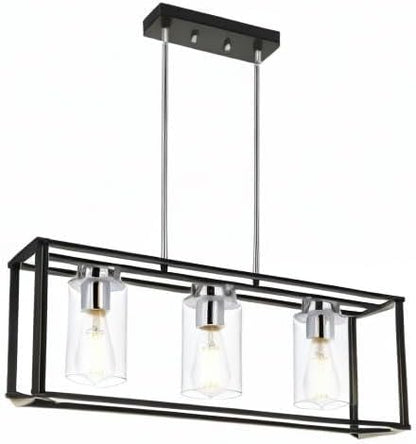 Modern pendant light with black frame and clear glass shades on a white background