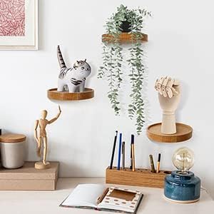 Small wooden shelves with decorative items on a white wall.
