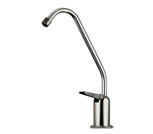 Stainless steel kitchen faucet on a white background