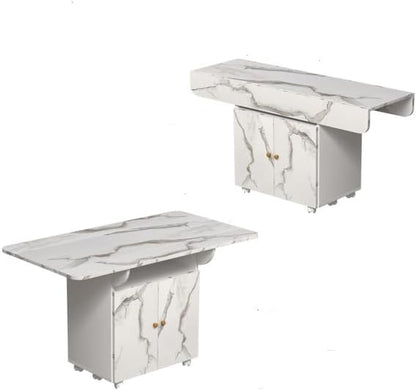 47" Folding Dining Table with Storage Shelves, 47" Space Saving Foldable Dining Table with Wheels,Kitchen Island with Cabinet, White Marble Color Kitchen Table, Modern Folding Dining Coffee Bar Table