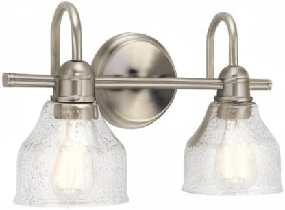 Bathroom vanity light fixture with two glass shades on a white background