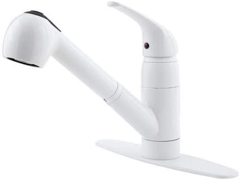 Pfister Pfirst Series Kitchen Sink Faucet with Pull Out Sprayer Single Handle Mid Arc White Finish 1.75 GPM 360 Degree Swivel Spout Ceramic Disc Valve Technology G13310WW