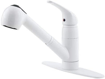 Pfister Pfirst Series Kitchen Sink Faucet with Pull Out Sprayer Single Handle Mid Arc White Finish 1.75 GPM 360 Degree Swivel Spout Ceramic Disc Valve Technology G13310WW