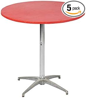 Red round table with metal base on a white background, labeled '5 pack'.