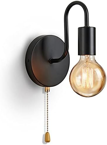 Black wall-mounted light fixture with a pull chain on a white background