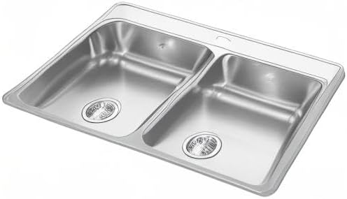 Stainless steel kitchen sink with double basin on a white background