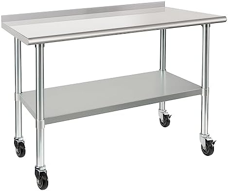 Stainless steel work table with wheels on a white background