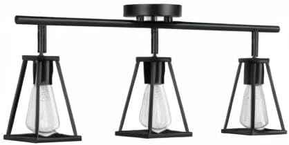 Modern ceiling light fixture with three black metal fixtures and clear glass shades.