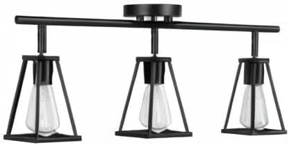 Modern ceiling light fixture with three black metal fixtures and clear glass shades.