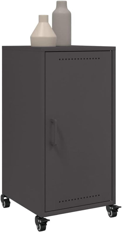 Modern Black Steel Sideboard Buffet Cabinet 15.4 x 14.2 x 28.3 in, Compact Coffee Bar Storage with Smooth Sliding Door & Wheels for Living Room, Entryway or Small Kitchen