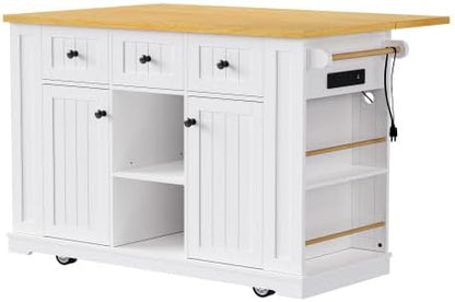 53" Mobile Kitchen Island with Drop Leaf, Rolling Kitchen Cart with Power Outlet and Door Internal Storage Rack, Island Table with 5 Open Side Racks for Dining Room (White)