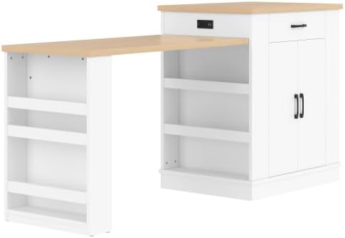 Bellemave Kitchen Island with Extendable Dining Table, 80.7" Kitchen Storage Islands with Double-Door Cabinet, Power Outlet, 2 Drawers & 2 Open Shelves, Temporary Breakfast Bar (White/80.7")