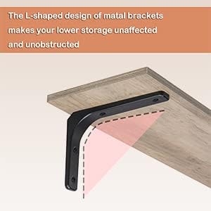 L-shaped metal bracket supporting a wooden shelf with text on an orange and white background.