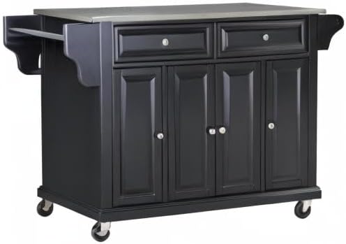 Crosley Furniture Full Size Stainless Steel Rolling Kitchen Island Storage Cart, Microwave Stand, Spice Rack, Black