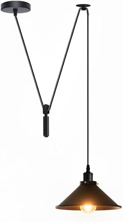 Black Cone Adjustable Pulley Pendant Light – Retro Industrial E26 Hanging Ceiling Lamp Fixture for Kitchen Island, Dining Room, Living Room, Bar & Café Décor (2M, Black)