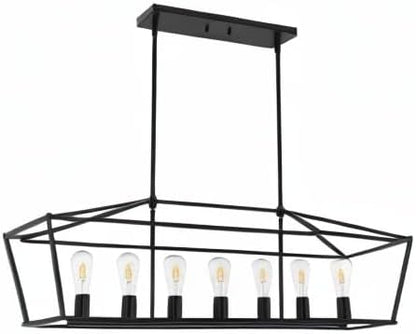 VINLUZ 38.4-Inch 7 Light Contemporary Dining Room Chandelier,Farmhouse Hanging Ceiling Kitchen Island Lighting in Matte Black Finish Rectangle Modern Pendant Light Adjustable Height