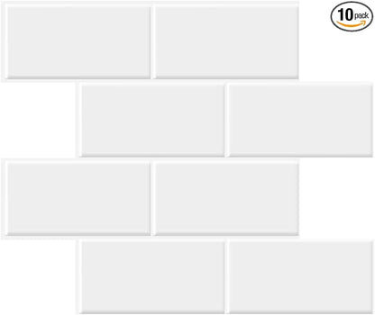 STICKGOO 10-Sheet Backsplash Peel and Stick Subway Tile, Self Adhesive Vinyl Wall Tiles, Stick on Backsplash for Kitchen and Bathroom(Thicker Design, White with White Grout)