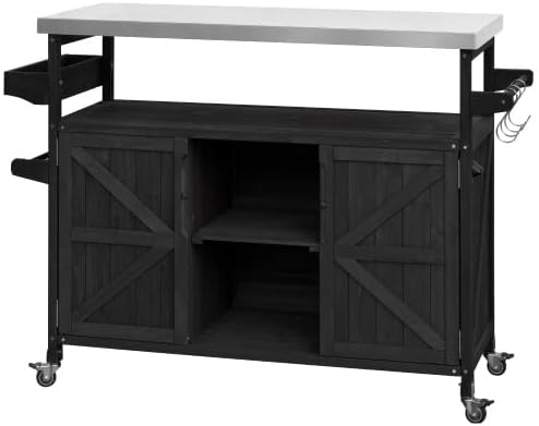 Bellemave Outdoor Kitchen Island with Stainless Steel Top, Rolling Bar Cart & Storage Cabinet, Outdoor Grill Cart with Spice & Towel Rack, Rolling Island Table for Kitchen & BBQ, Black