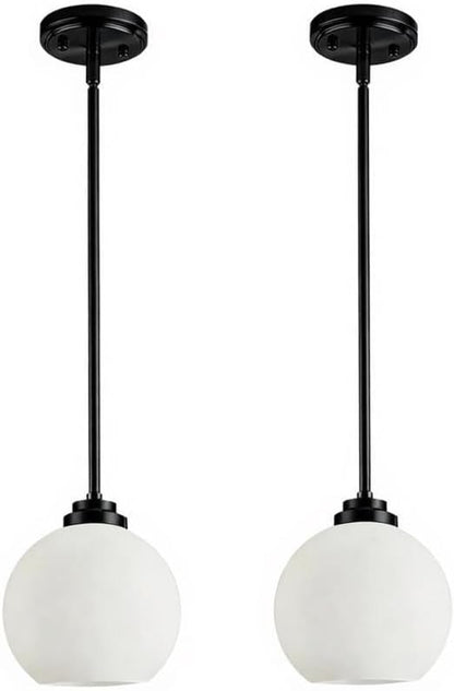 Majade Globe Pendant Lights Kitchen Island Pendant Light Fixtures 7.4 Inch Black Mid Century Modern Globe Pendant Lighting with Milk Glass Adjustable Hanging Light Fixtures for Dining Room(2 Pack)