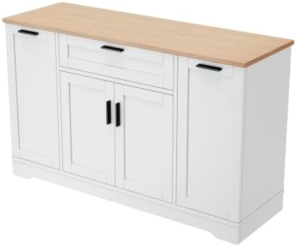 Bellemave Sideboard Buffet Cabinet with Drawer & Adjustable Shelves, Modern Kitchen Pantry with 3-Tier Pull-Out Rack, Coffee Bar Cabinet with Storage for Dining Room, Living Room, Kitchen (White/54)