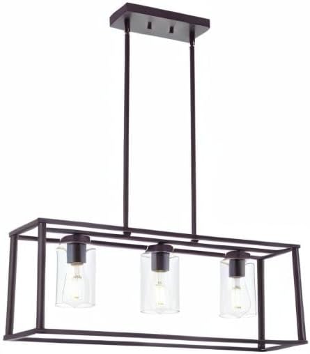 VINLUZ 3-Light Industrial Metal Large Pendant Lighting Oil Rubbed Bronze Modern Linear Chandelier with Clear Glass Shades Farmhouse Rustic Ceiling Light Fixtures Hanging for Dining Room Kitchen Island