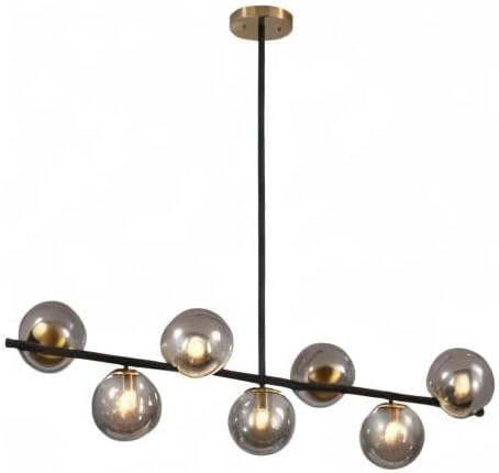 KCO Lighting Black and Gold Linear Kitchen Pendant Lighting Mid Century Modern Chandelier 7-Light Smoke Glass Globe Chandelier Vintage Dining Room Light Fixtures