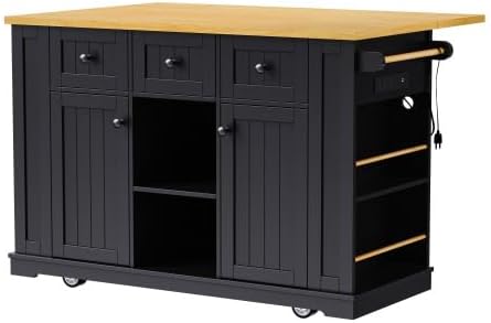 Bellemave 53" Mobile Kitchen Island with Drop Leaf, Rolling Kitchen Cart with Power Outlet and Door Internal Storage Rack, Island Table with 5 Open Side Racks for Dining Room (Black)