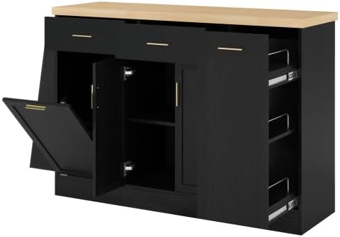 Bellemave Sideboard Buffet Cabinet with Drawers & Adjustable Shelves, Modern Kitchen Pantry with Tilt Out Trash Can, Coffee Bar Station with 3-Tier Pull-Out Rack for Dining Room, Kitchen (Black/58)