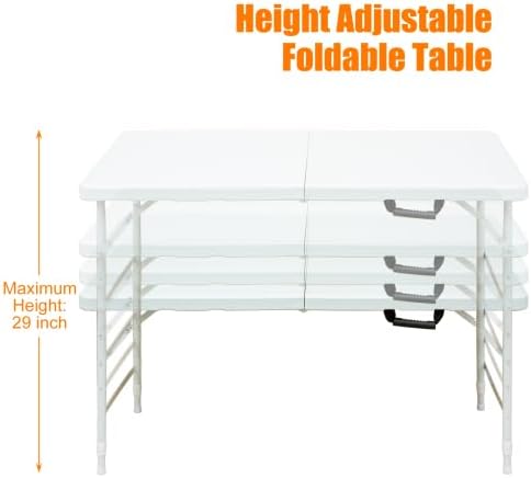 GlowSol Folding Table 4FT, Heavy Duty Portable Plastic Folding Table with Handle, Anti-Slip Feet, Waterproof, Easy to Clean, 300LBS Capacity, Foldable for Indoor Outdoor Use, White