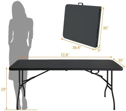 GlowSol Folding Table 6FT, Heavy Duty Portable Plastic Folding Table with Handle, Anti-Slip Feet, Waterproof, Easy to Clean, 300LBS Capacity, Foldable for Indoor Outdoor Use, Black