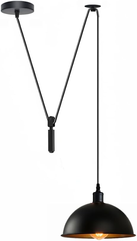 Black Dome Adjustable Pulley Pendant Light – Retro Industrial E26 Hanging Ceiling Lamp Fixture for Kitchen Island, Dining Room, Living Room, Bar & Café Décor (2M, Black)
