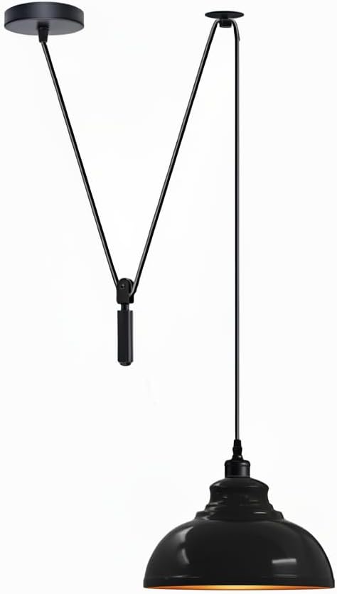 Black Curvy Adjustable Pulley Pendant Light – Retro Industrial E26 Hanging Ceiling Lamp Fixture for Kitchen Island, Dining Room, Living Room, Bar & Café Décor (2M, Black)